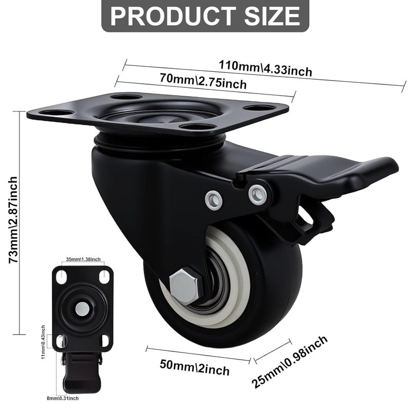 Htudcoue 2 Inch Wheel Casters,Set of 4 Heavy Duty Casters,with Brake,No Noise Locking Polyurethane (PU) Wheels, for Furniture and Workbench Load 800lbs - Image 2